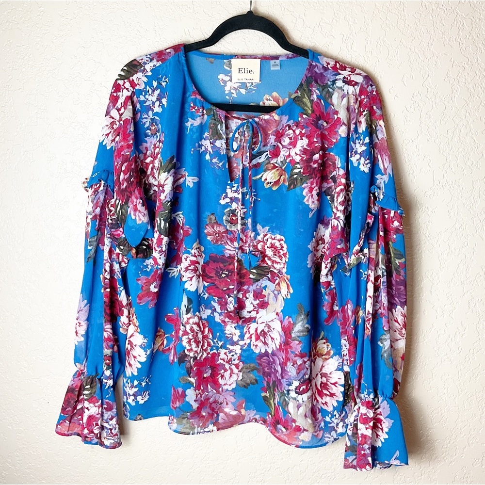 Elie Tahari blue floral print long sleeve ruffled drawstring neckline blouse